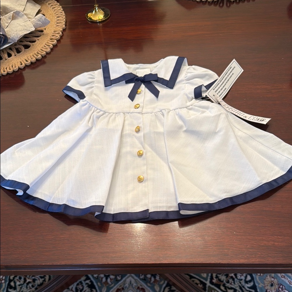 Adorable C.I. Castro & Company White and Navy Baby Dress. Size 12 Months. NWT